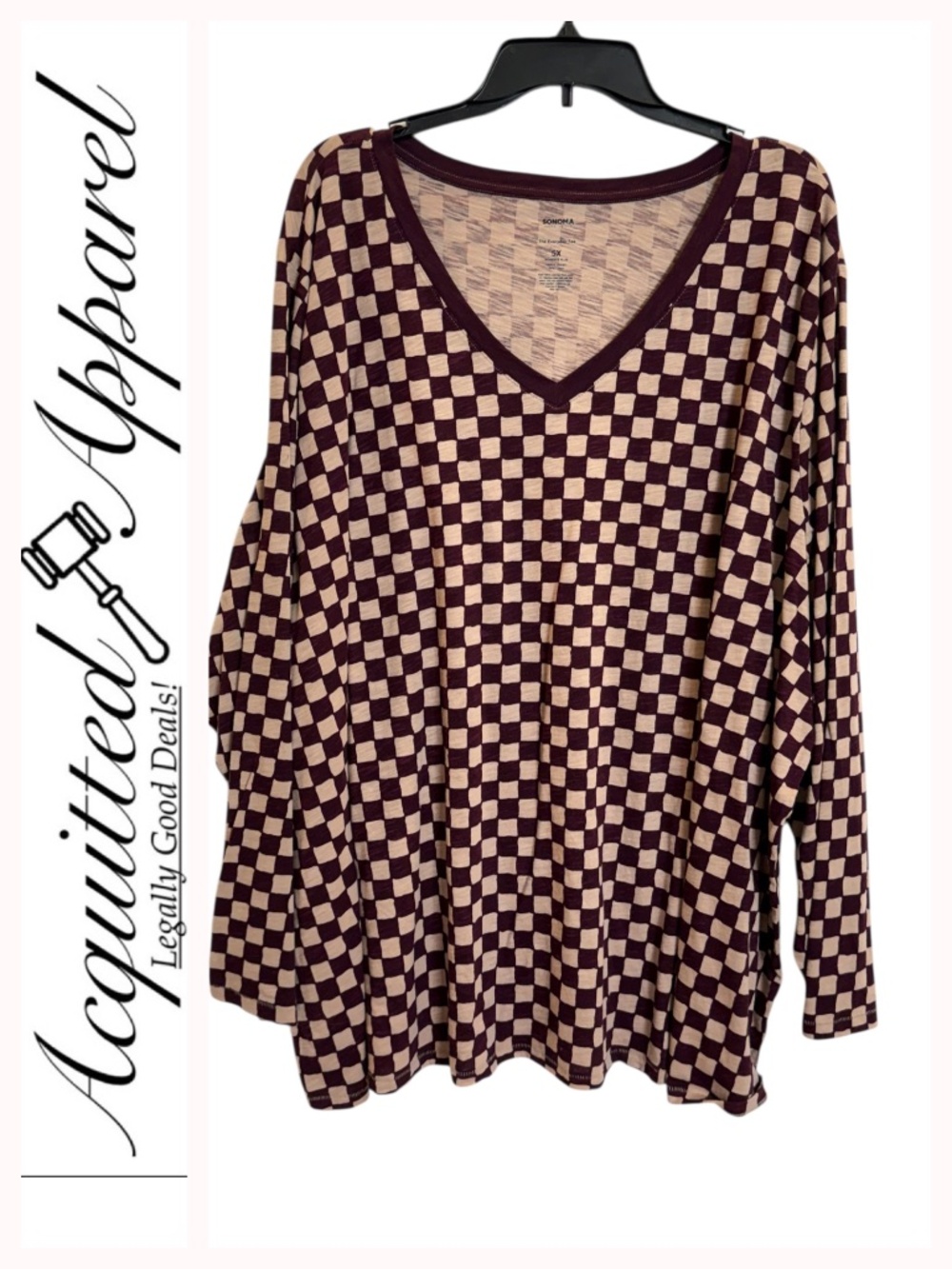 Sonoma The Everyday Tee Women's Plus Size Checker V-Neck Long Sleeve 5X